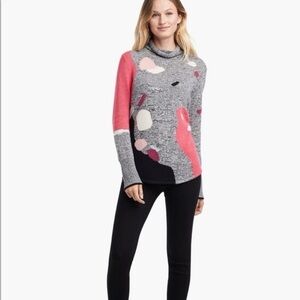 Nic + Zoe Petite Turtleneck Gray Black Pink Abstract Intarsia Sweater Small